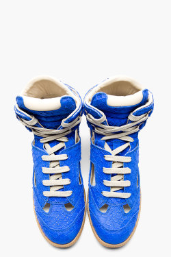 asthetiques:  MAISON MARTIN MARGIELA - ELECTRIC BLUE LEATHER CUT-OUT HIGH-TOP SNEAKERS. 