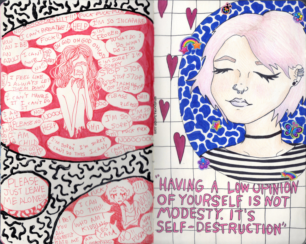 paintgf:  page from when i was panicking, and a self-portrait i did later of how