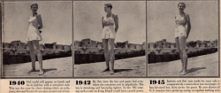 blondebrainpower:   1940 - Girls could still appear on the beach and be in fashion  with a one piece suit. This was the year for short skating skirts on  suits, many dots and flowers. It was also the second year of the war.1942 - By this time the bra
