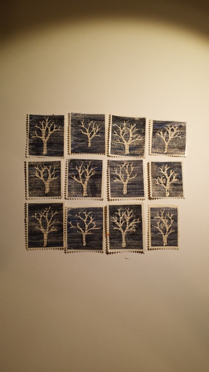 A selection of the faux postage stamps I have made.  The trees are watercolors, the critters are han