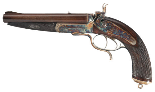 A pair of sequentially numbered howdah double barrel hunting pistols produced by Henry Alexander of 