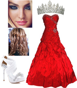 impartofsomeonesotp:  Prom Queen by crispyhair featuring white sandals Red prom dress / David Tutera white sandals / Victoria s Secret lips makeup  