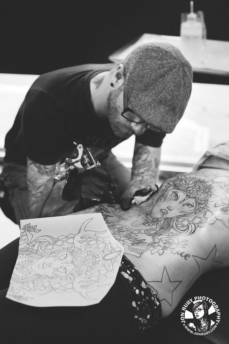 Tattoo Artist Ryan Willingham at Mystic Owl Tattoo in Marietta, GA tattooing my friend
