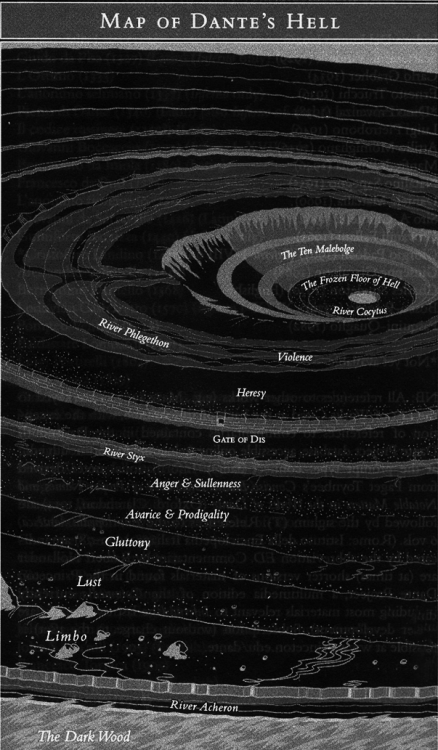 chaosophia218:Map of Dante’s Hell.Dante’s Hell is structurally based on the ideas of Aristotle, but 