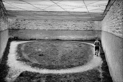 less-ismore:Raymond Depardon,A prisoner jogs around his cell courtyard in Maison Centrale de Clairva