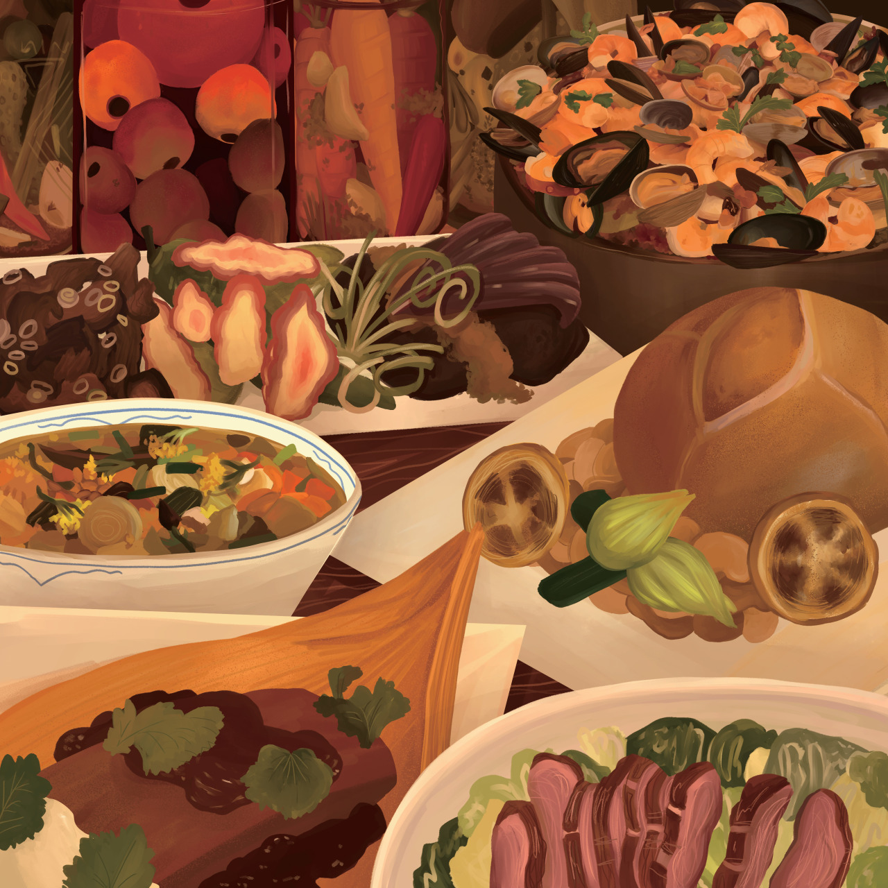 jerboagoat:
“painting for my dad’s birthday! all of these are dishes he made.
”