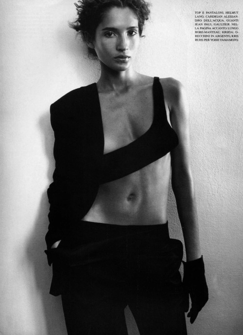 springsummer2001:
““Black’s New Wave” Astrid Muñoz in Helmut Lang Top and Pants, by Mario Testino for Vogue Italia January 1997
”