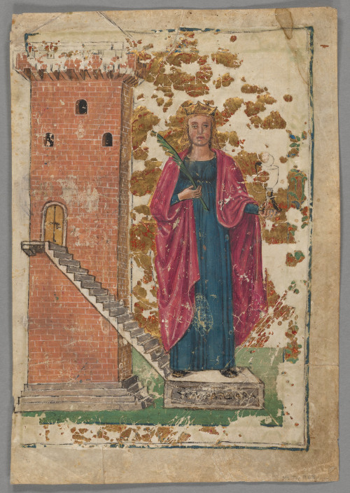 Saint Barbara, depicted with her traditional iconographic attributes, a tower, palm leaf, and chalic