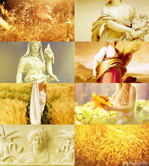 candyshapedclouds:  Greek mythology picspam  Demeter (Δημήτηρ) → Demeter, identified with the Roman goddess Ceres, is the goddess of the harvest, who presided over grains and the fertility of the earth. She presided also over the sanctity