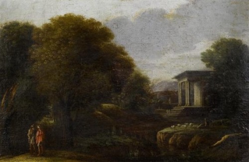 Jan Hackaert (1629–1685)Two walkers before a broad landscape with ruins in the background