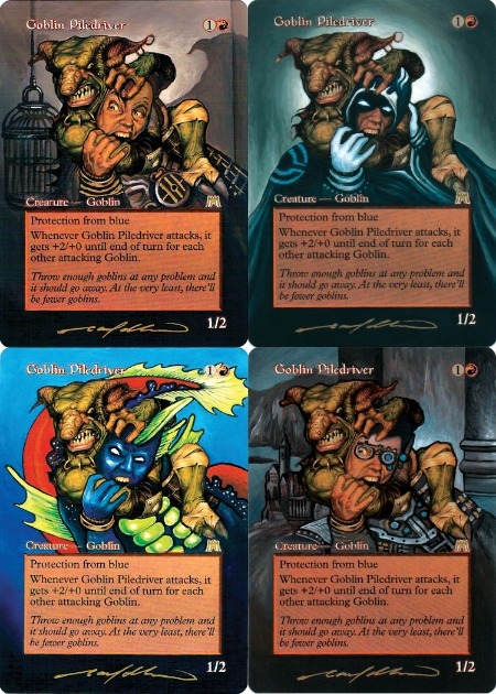 Check out this awesome altered playset of Goblin Piledrivers by MTG artist poxy14.
Screw you, Blue!