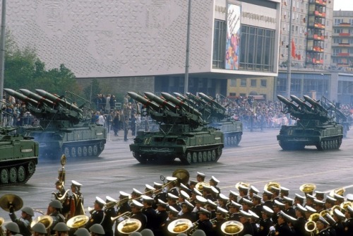 partisan1943: East German 2K12 Kub mobile surface-to-air missile systems on parade.