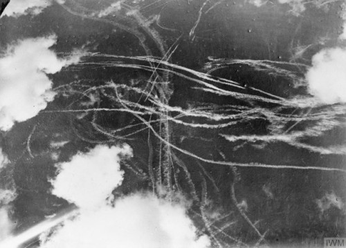 Condensation trails left by British and German aircraft during adogfight (September 18th, 1940).