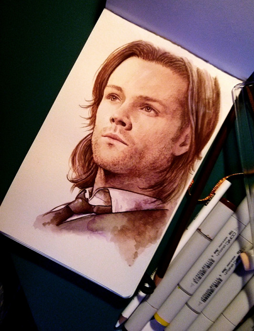 petite-madame:Two Sam-Jared portraits (Watercolor, Copic markers, Prismacolor pencils, Liquitex pain