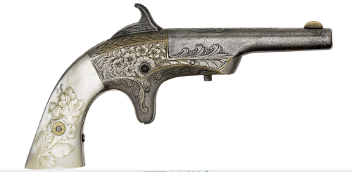 Engraved Merwin and Bray single shot derringer with pearl grips, mid 19th century.