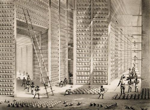 leadingtone:Workers process balls of opium at a British East India Company warehouse, circa 1850.