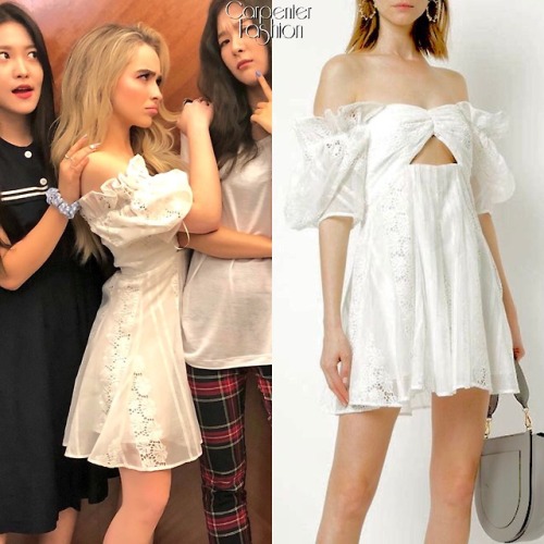 Visiting Korea. Sabrina Carpenter wore the Alice McCall ‘Sunday Rose Dress’ ($450) while Visiting Ko