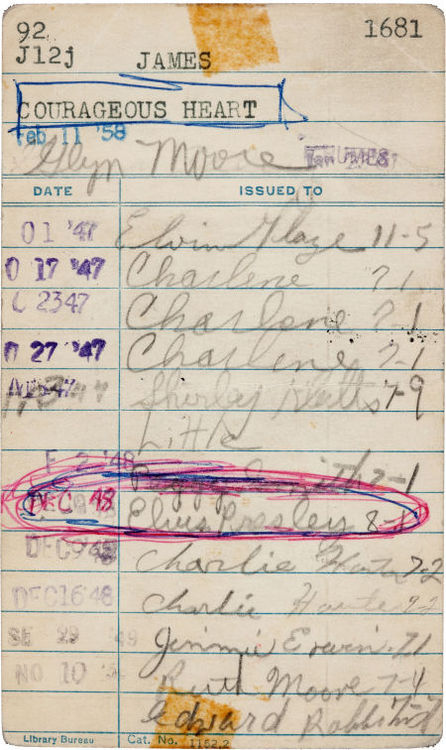 Library checkout card bearing Elvis’ signature in 1948, for “Courageous Heart: