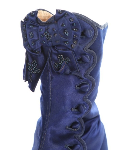 historicaldress:A pair of midnight-blue satin ladies’ buttoned ankle boots, 1875-80, with bead