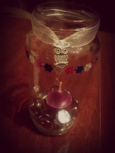 Owl jam jar candle holder, hand decorated Currently for sale on ebay, all proceeds to MIND the menta