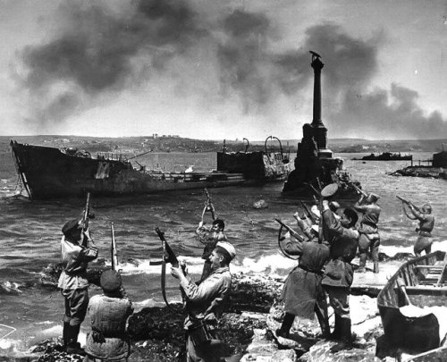 historicaltimes:Russian soldiers celebrate the retaking of Sevastopol, 1944. via reddit