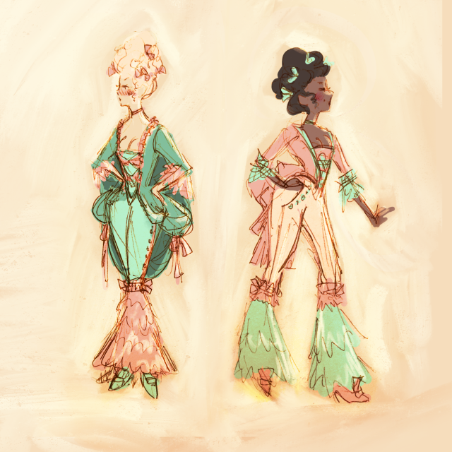 a sketch of 2 women, 1 with pale skin & one with dark skin, wearing bellbottoms with 1700s rococo bodices and high rococo-styled hair