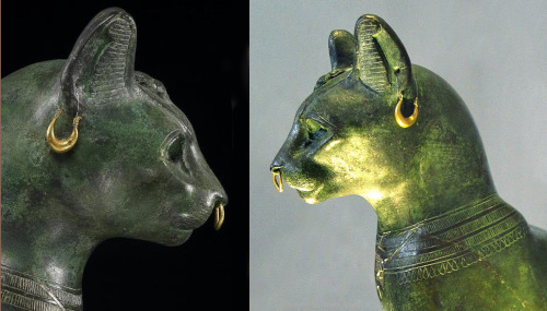 ancient Egyptian cat sculptures: Head of Bastet - bronze with amber inlaid eyes and gold ornament - 