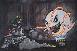 gamefreaksnz:  Boobusters Mario and Luigi as Ghostbusters  This painting measures 20 x 30” and is painting on a piece of birch wood with a wooden frame backing it. The sides are painted black and it can be hung as is in a wall or you could frame it