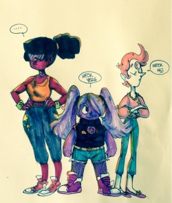 quixoticoperator:  bunch of dweebs  These outfits are rly lame call the fashion police Garnet and amethyst have matching shoes lol 