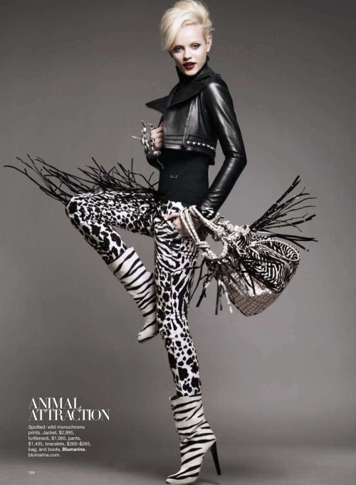 Ginta Lapina in Harper’s Bazaar – June/July 2010  zebra print ankle boots by Blumarine