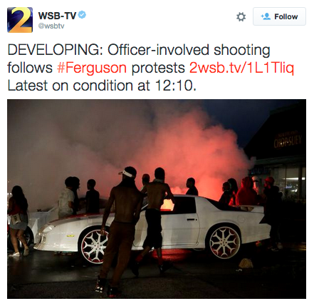 revolutionarykoolaid:  Last Night in Ferguson (8/10/15): In a word, chaos. Shots rang out sometime after 11. Police claim that they were gang-related. A plainclothes officer shot and critically injured 18-year old Tyrone Harris, a friend of Mike Brown’s.