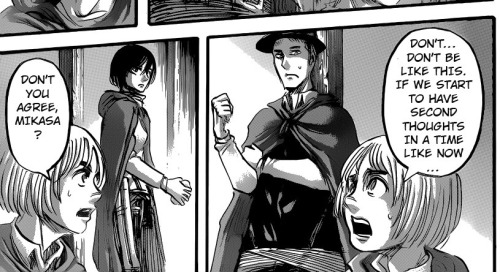  Mikasa & her 3DMG at the end of Ch. 57  Kind of a follow up to my Ch. 58 prediction post, in addition to posts like this one. Isayama putting special panel focus on how Mikasa is already strapped and prepared definitely lends fuel to the idea that