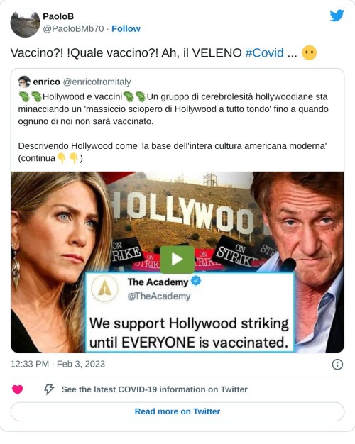 Vaccino?! !Quale vaccino?! Ah, il VELENO #Covid ... 😶 https://t.co/kjCZaFZvk7  — PaoloB (@PaoloBMb70) February 3, 2023