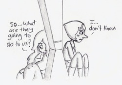 annadesu: Pearlmethyst Week - Day 5 -  Angst/Drama There’s a scene in “Jail Break” where Steven runs to free Pearl/Amethyst from prison, and they’re just kind of leaning against the wall, waiting for their doom. I have always wondered what their