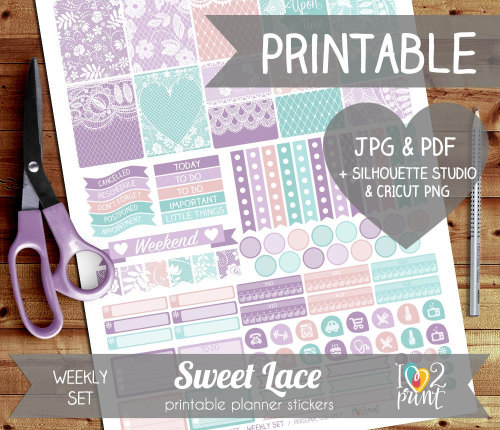 Sweet Lace Printable Planner Stickers, Erin Condren Planner Stickers, Weekly Planner Stickers, Lace 