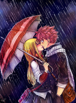 leons-7:  Under the rain.I like when natsu and Lucy are in school uniform