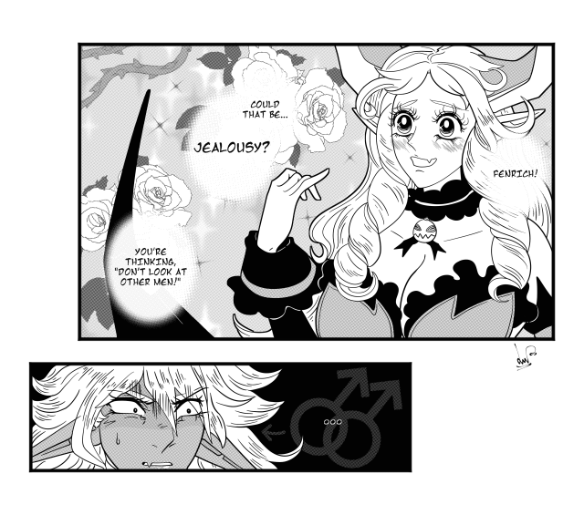 A Rose of Versailles-style comic, read right to left. The first panel is Tria, the succubus princess from Disgaea RPG. Her enormous, shiny eyes have long eyelashes, her face is slightly blushed, and though she is in monochrome, her enormous golden horns are shaded on their interiors. The background of her panel is sparkles and roses. Her dialogue reads "Fenrich! Could that be... jealousy? You're thinking, "don't look at other men!"' The second panel is Fenrich, looking at her in horrified disbelief. His panel is dark apart from three ellipsis indicating he's stunned speechless, and the dim image of a male/male symbol behind that.