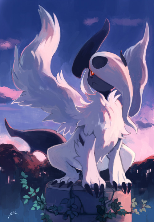 bluekomadori:  Someone asked me back in November (if I remember correctly) to draw Mega Absol, so here it is! My first and probably last time drawing this pokemon (I’m not a big fan of Absol’s mega form I prefer the original hehe :P ) 