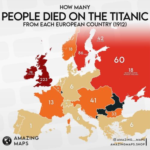 torillatavataan:
“mapsontheweb:
“Number of deaths on the Titanic in 1912.
by amazing__maps
”
There were 63 Finns on the Titanic. 43 of them died:
• Alhomäki, Ilmari Rudolf, 19, Salo
• Backström, Karl Alfred, 32, Ruotsinpyhtää
• Berglund, Karl Ivar,...
