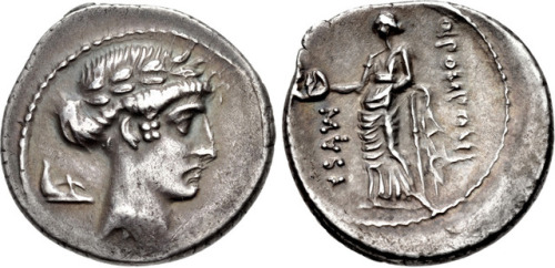 Roman denarius minted by Quintus Pomponius Musa in 56 BCE.  On the obverse, the head of Apollo crown