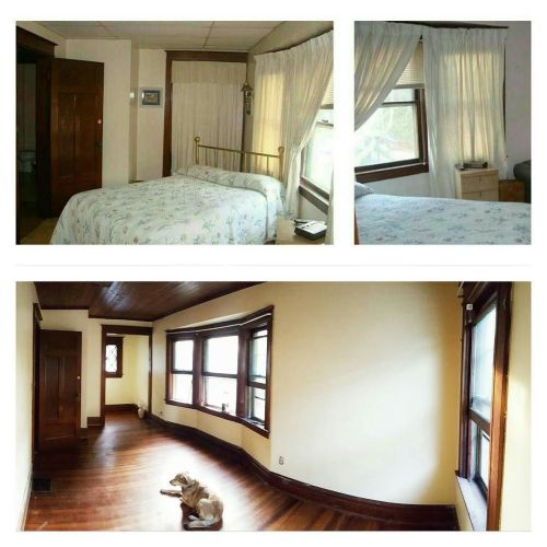 Before and after! Foam drop ceiling, heavy curtains, strangely placed bed, old carpet, four layers of wallpaper… To THIS awesome, beautiful, sunny bedroom! Cedar wood ceiling, origional wood floors, open windows, walk in closet, complete with a