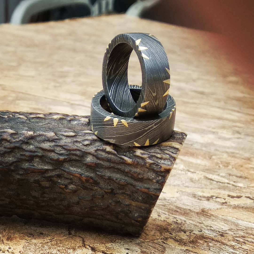 Untitled — Pair of Damascus steel rings wedding band...