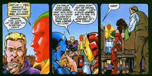 Now it’s Clint’s turn to talk and nobody’s paying attention. Typical. Avengers Vol