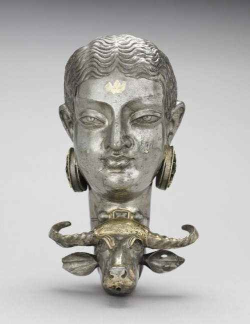 Rhyton: The Buffalo-Slayer Goddess, c. 600-700Iran, Sasanian, 7th-8th CenturySilver, height 19 cm (7