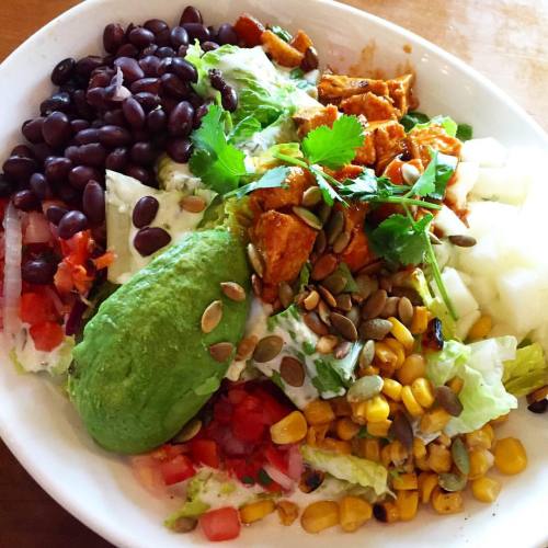 blogilates:  Dinner tonight was this amazing BBQ chick'n salad! My life (and belly) are complete. The way you nourish your body has a lot to do with how you feel and how much energy you have to work out and to do the things you love! 💪❤️ Be conscious