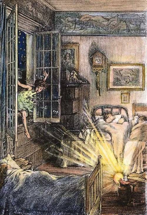 Peter Pan - Peter Flies Into The Nursery, Illustration Francis D. Bedford, 1911.