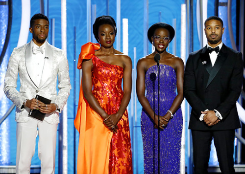 danaigurirasource:Chadwick Boseman, Danai Gurira, Lupita Nyong'o and Michael B. Jordan speak onsta