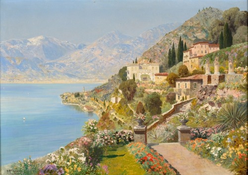 laclygrantham:Varenna with View of Lake Como, Alois Arnegger (Austrian, 1879–1967)