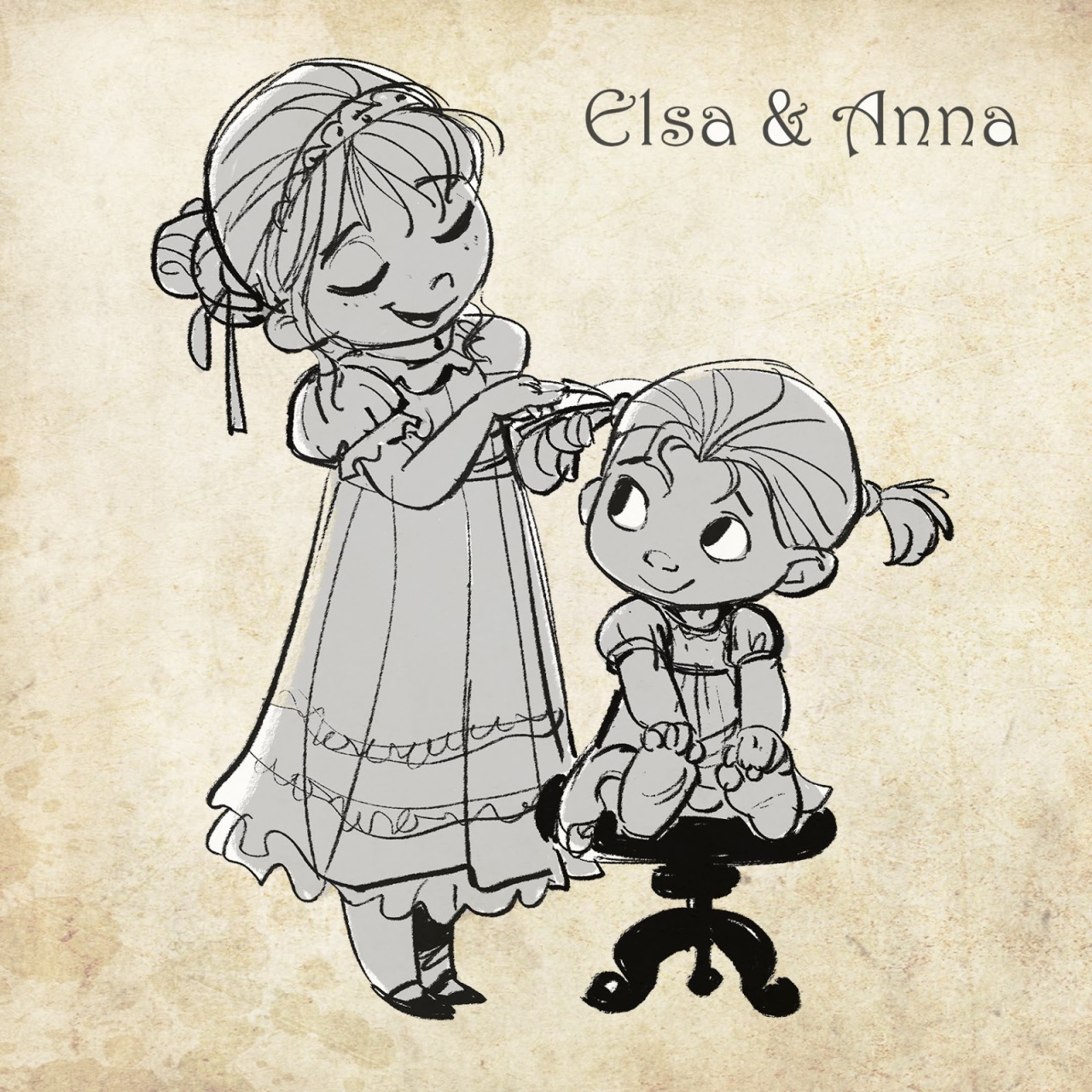 arkhane:  Disney concept art: Young Elsa and Anna and Elsa from Frozen. Art by