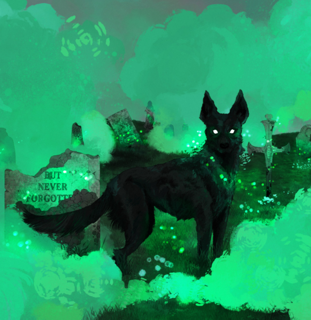  A digital painting of a black dog with glowing white eyes, standing in profile, with its head turned to look at the viewer. The dog is standing in an old cemetery, with cracked and eroded tombstones all around it. Billowing clouds of pale green fog surround the dog and tombstones, and small green lights float around them, illuminating the scene.